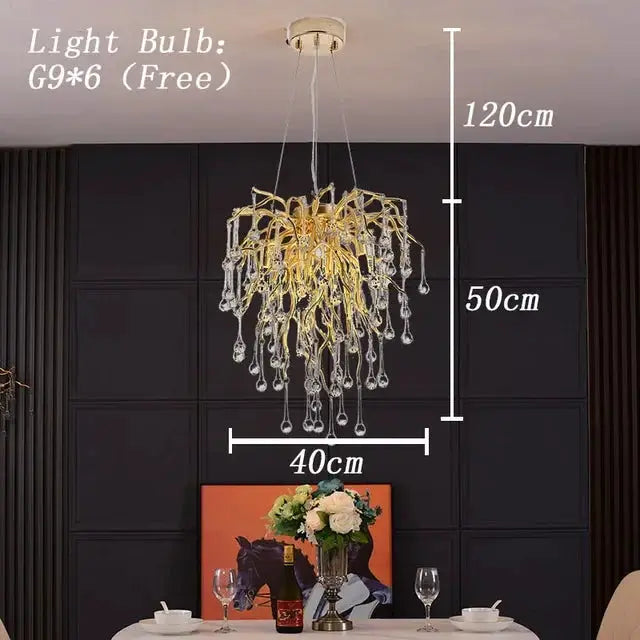 Royal Nordic luxury crystal chandelier, gold chrome water-drop pendant light by Simples Market