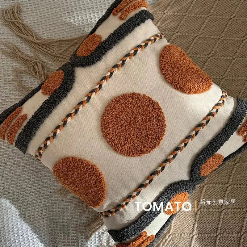 Simples Market Bohemian pillow cushion cover with orange polka-dots, tassel trim, beige geometric fabric