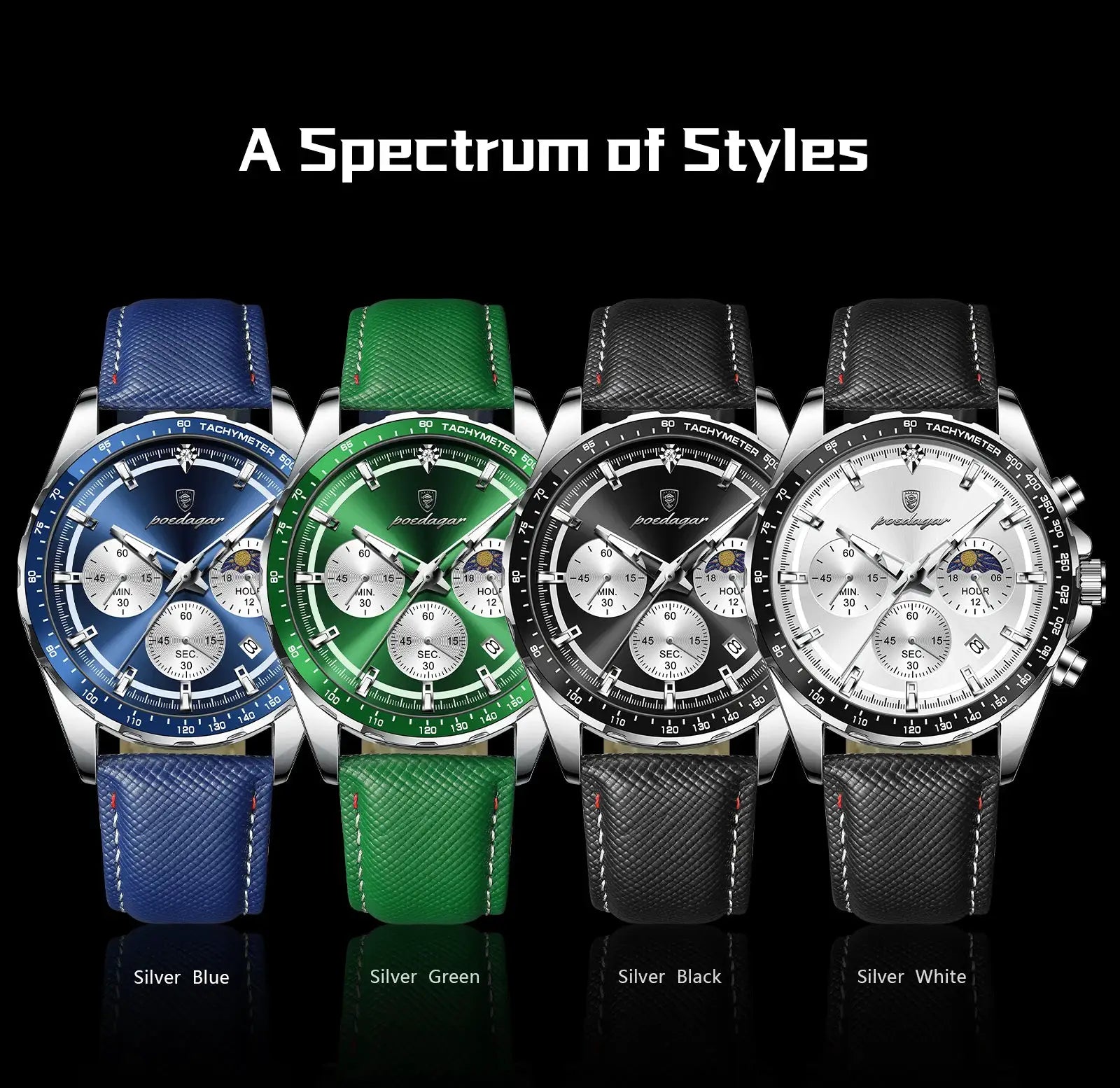 Poedagar men's leather chronograph watches, 4 colors: Silver Blue, Silver Green, Silver Black, Silver White