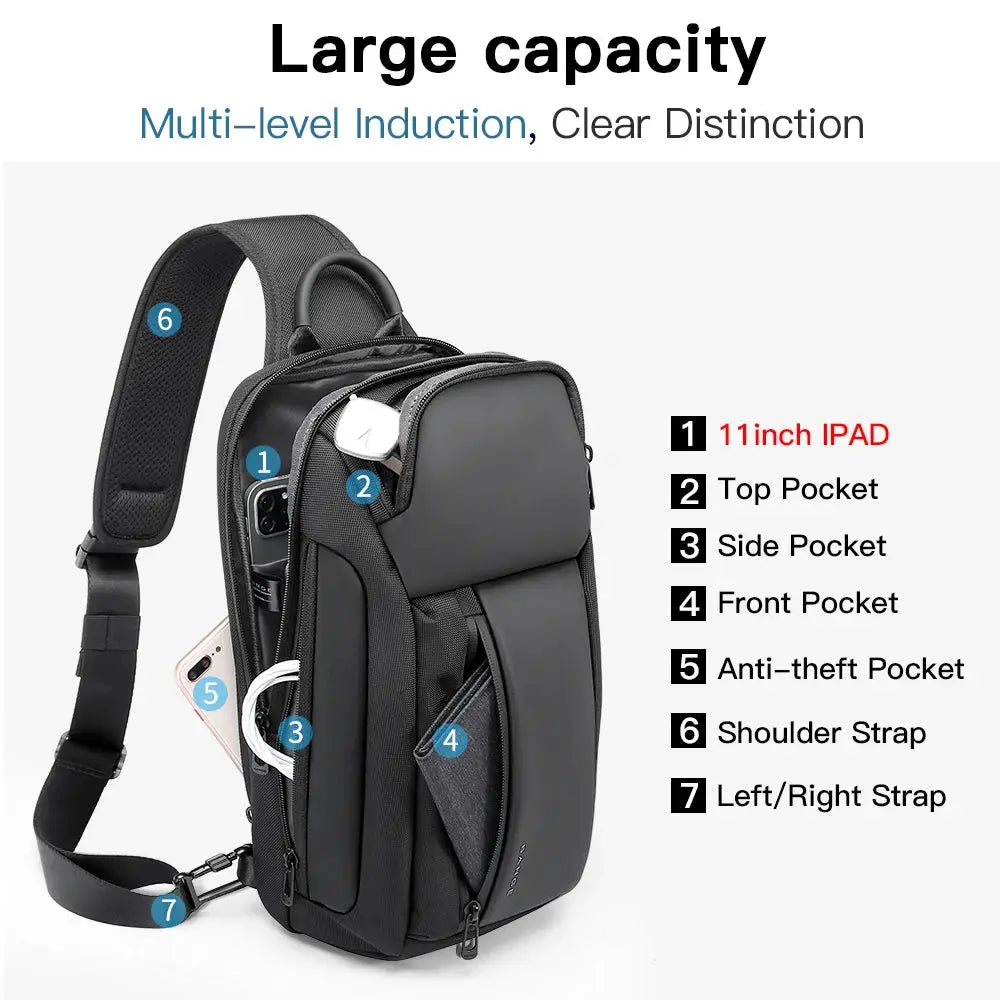 Bange New Oxford waterproof chest bag crossbody, Simples Market, black with multiple pockets and large capacity