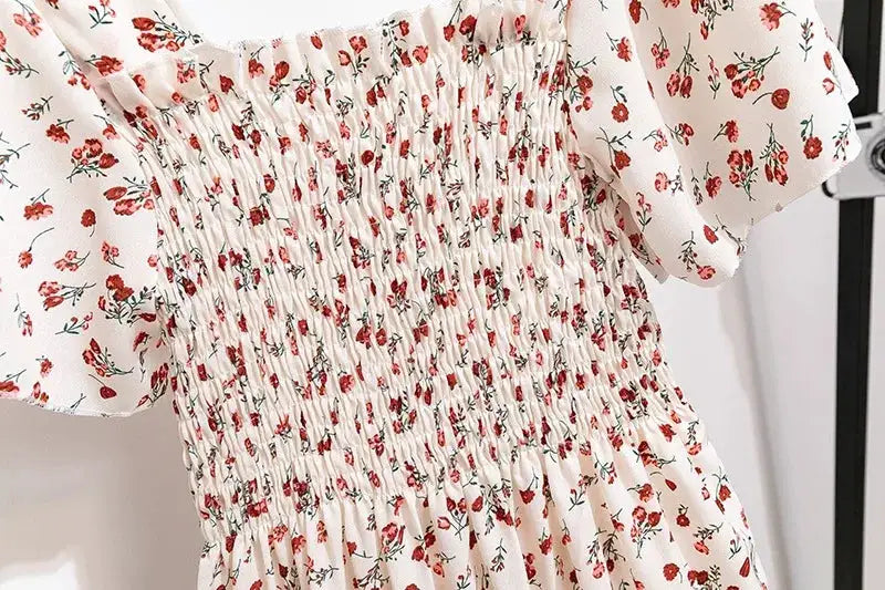 Spring Summer Floral Chiffon Midi Dress For Women With Elastic Waist Short Sleeves Backless Casual Printed