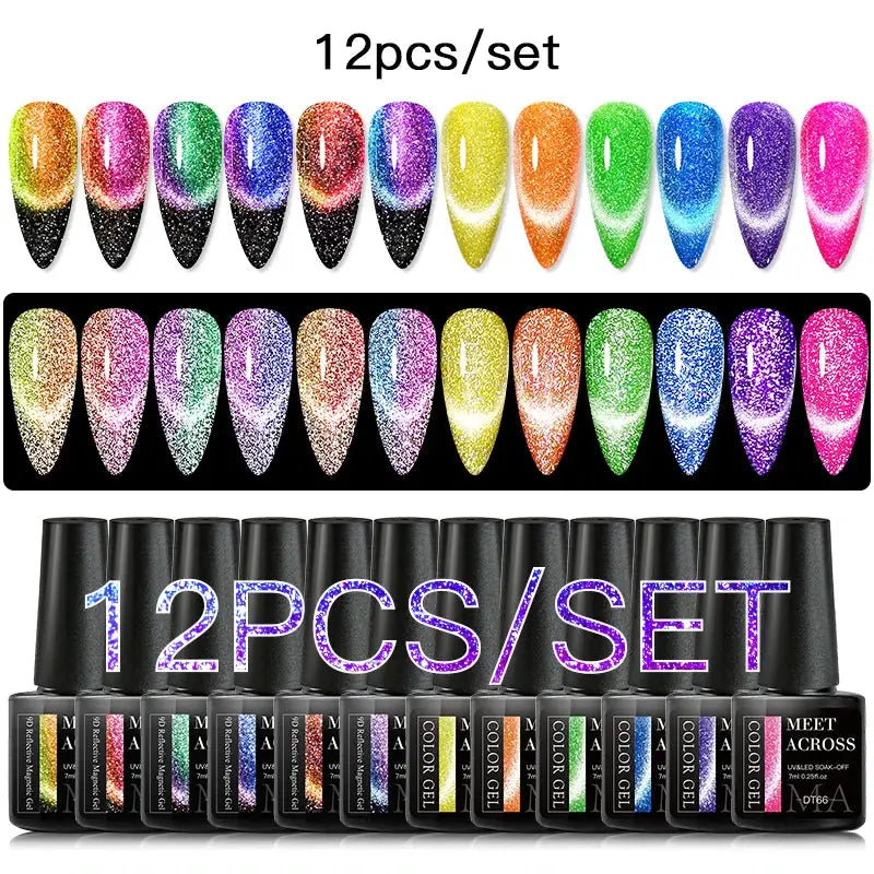 Meet Across 12-piece glitter gel nail polish set in assorted bright gradient colors for manicure