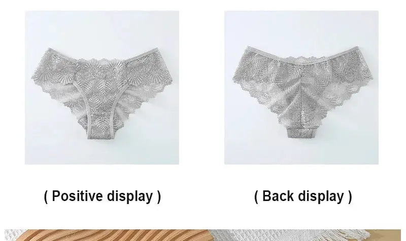Lace mid-waist panties, light gray lace, front and back views, Simples Market