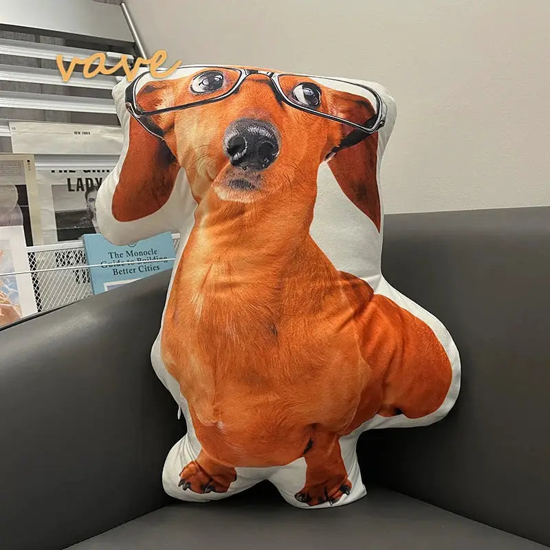 Dog-shaped photo pillow cushion with orange dog print and glasses