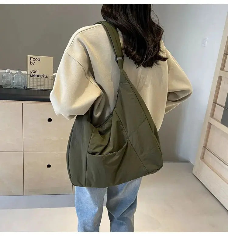 Crossbody shoulder bag Simples Market olive green soft-cloth with outer pocket