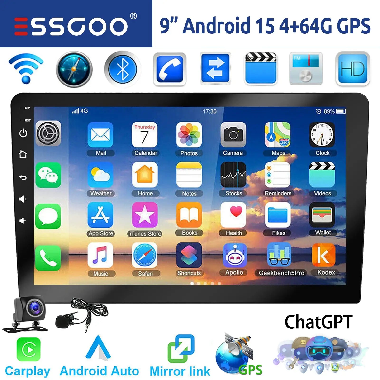 ESSGOO 9-inch Android car stereo with CarPlay/Android Auto, GPS, Bluetooth; 2-item dashcam kit
