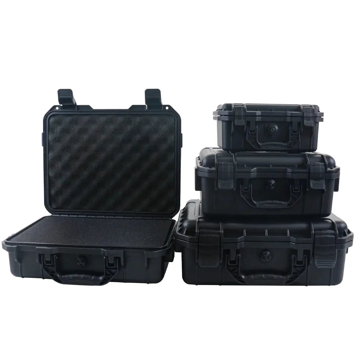 Waterproof hard tool case set by Simples Market; black plastic cases with pre-cut foam, 5-piece stackable storage