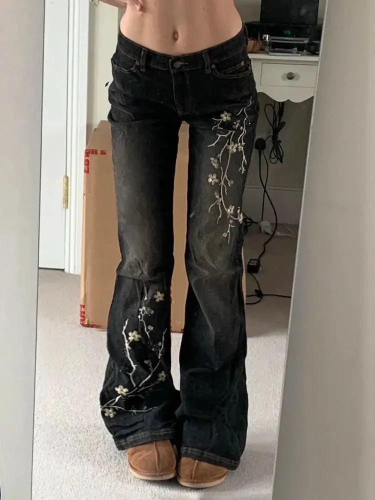 Weekeep Floral Embroidery Jeans Y2K Vintage Low Rise Flared Denim