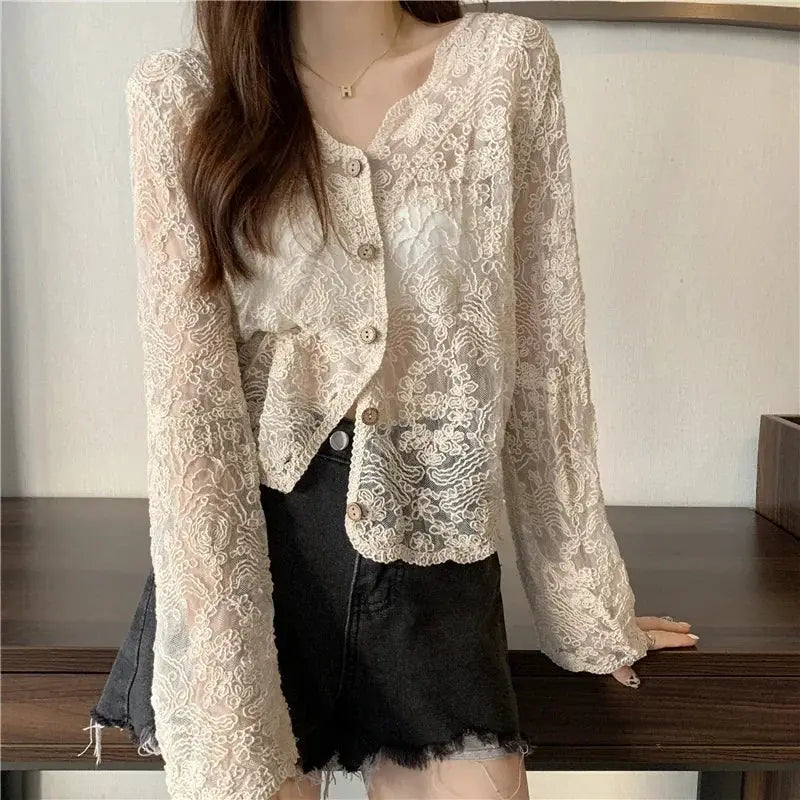 Vintage ivory lace blouse, sheer long-sleeve with button-front