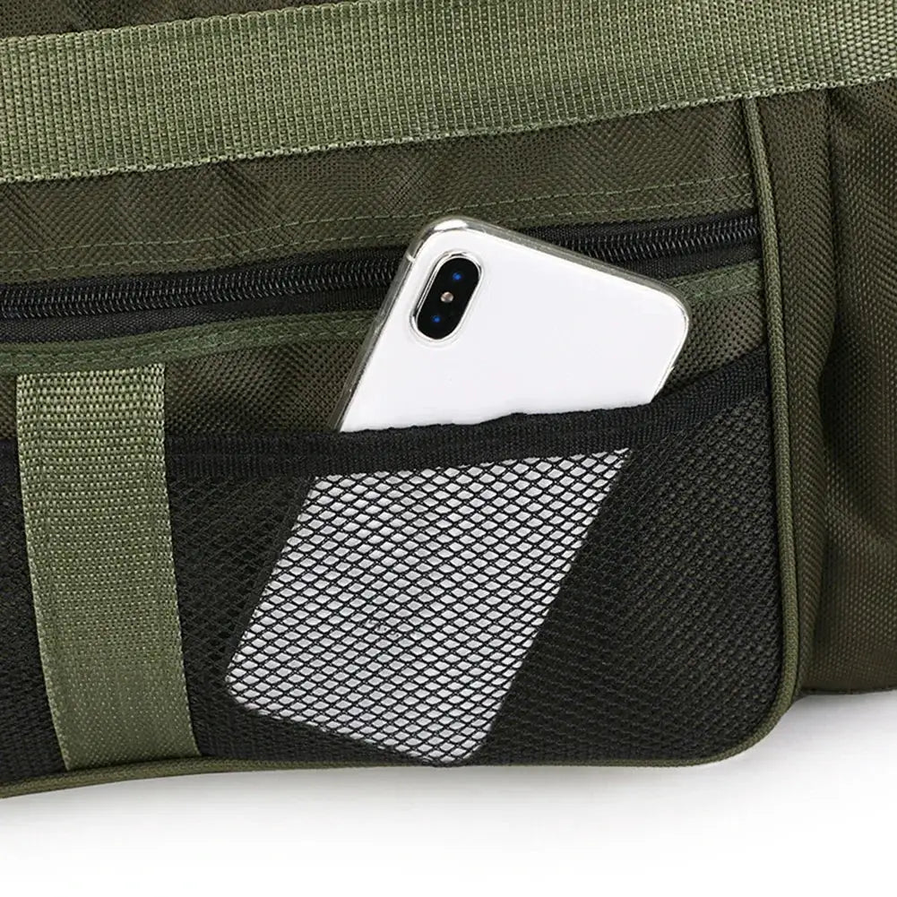 Simples Market Oxford dry-wet separation bag in olive green with a black mesh side pocket holding a smartphone