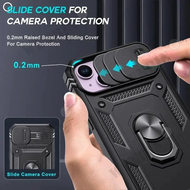 Case for iPhone with sliding camera cover and 360° kickstand, black rugged design Simples Market