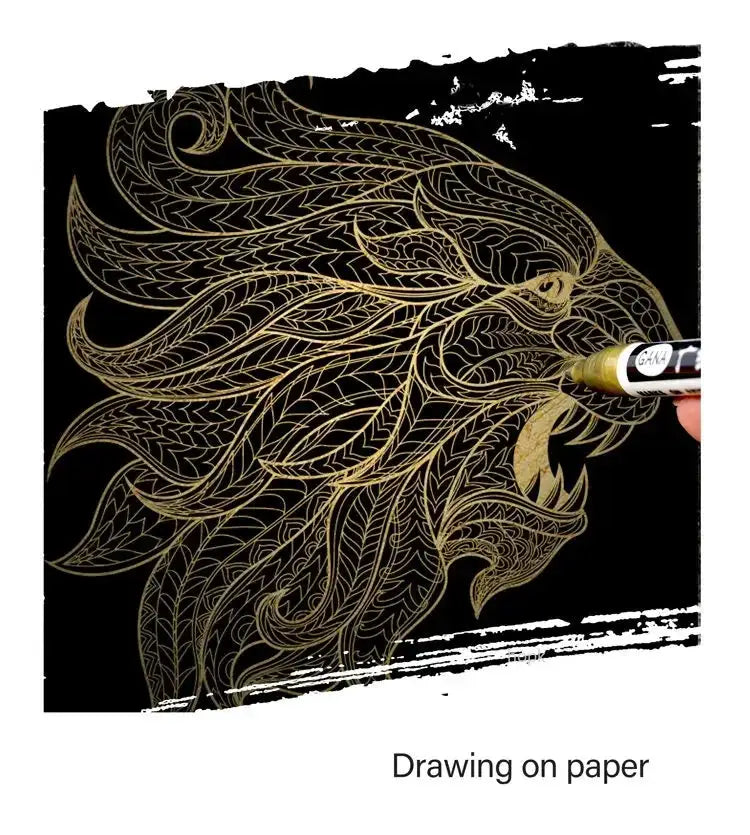 Simples Market 4-piece oil-based paint marker set, white/black, 0.7mm, waterproof, gold dragon drawing on black paper