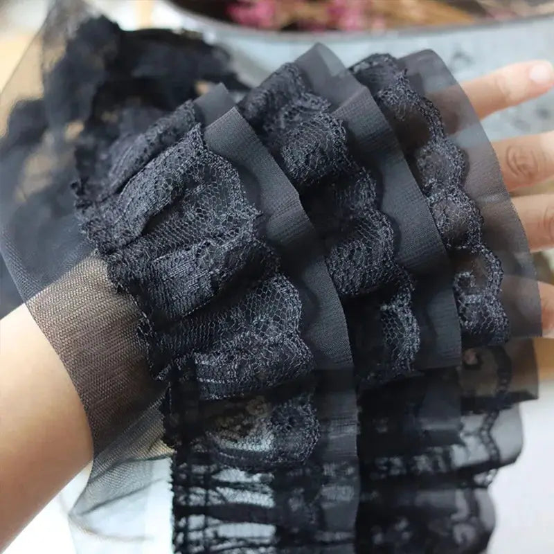 12cm Wide White and Black Three Layer 3D Pleated Mesh Chiffon Embroidered Ruffle Trim for DIY Dress Collar Decor
