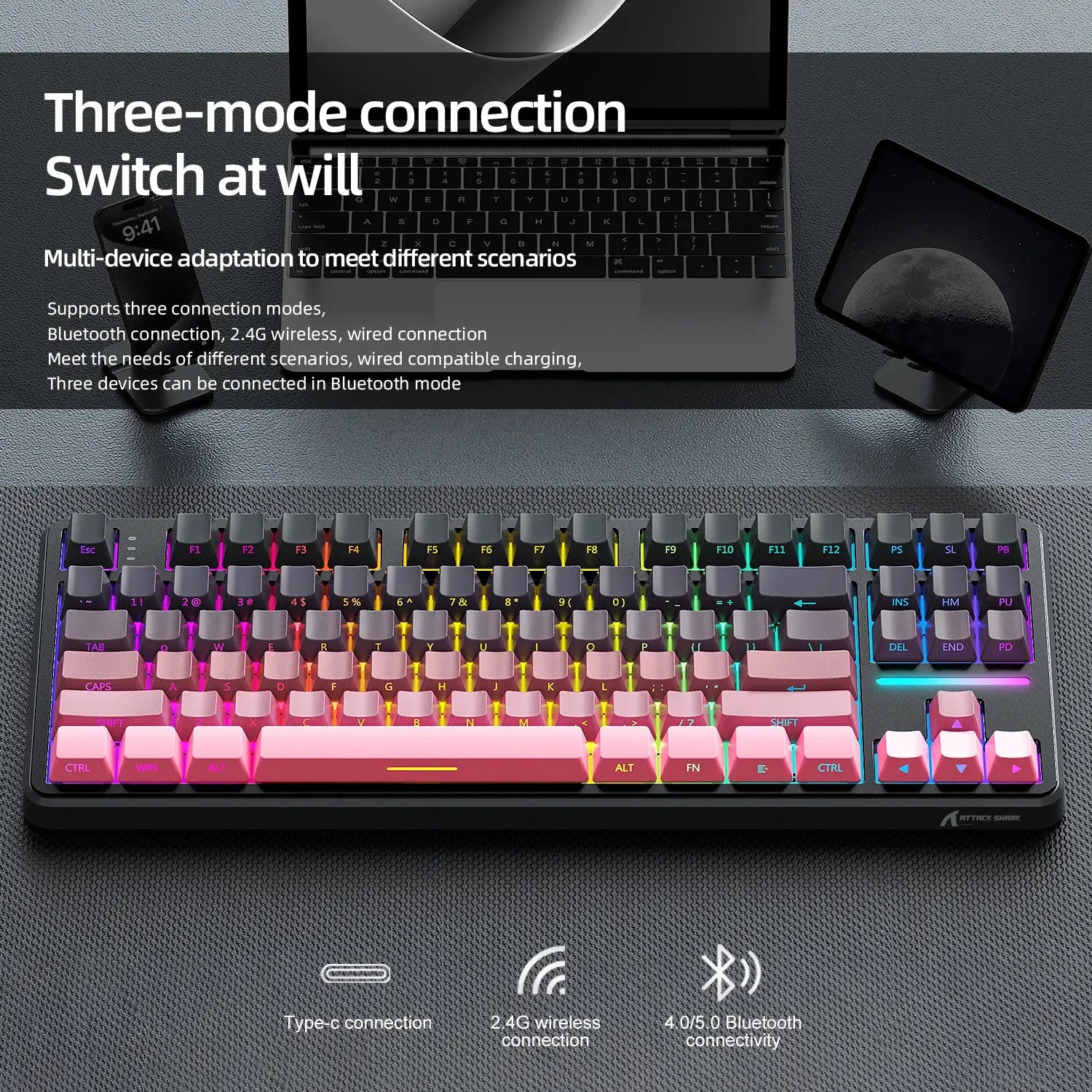 Attack Shark X87 Macro Drive Bluetooth Mechanical Keyboard 87 Key Hot Swappable RGB Lighting
