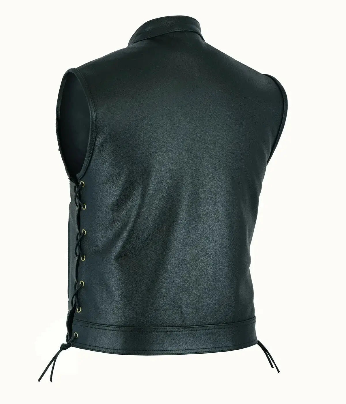 Men's black leather motorcycle vest with lace-up side panels from Simples Market