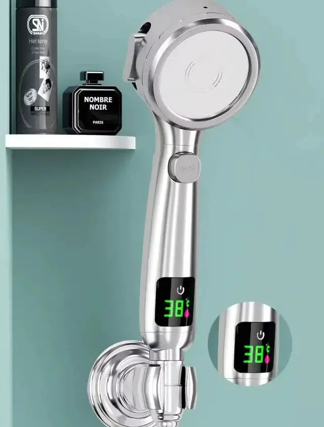 High pressure handheld shower head by Simples Market with LED temperature display, chrome finish, adjustable spray