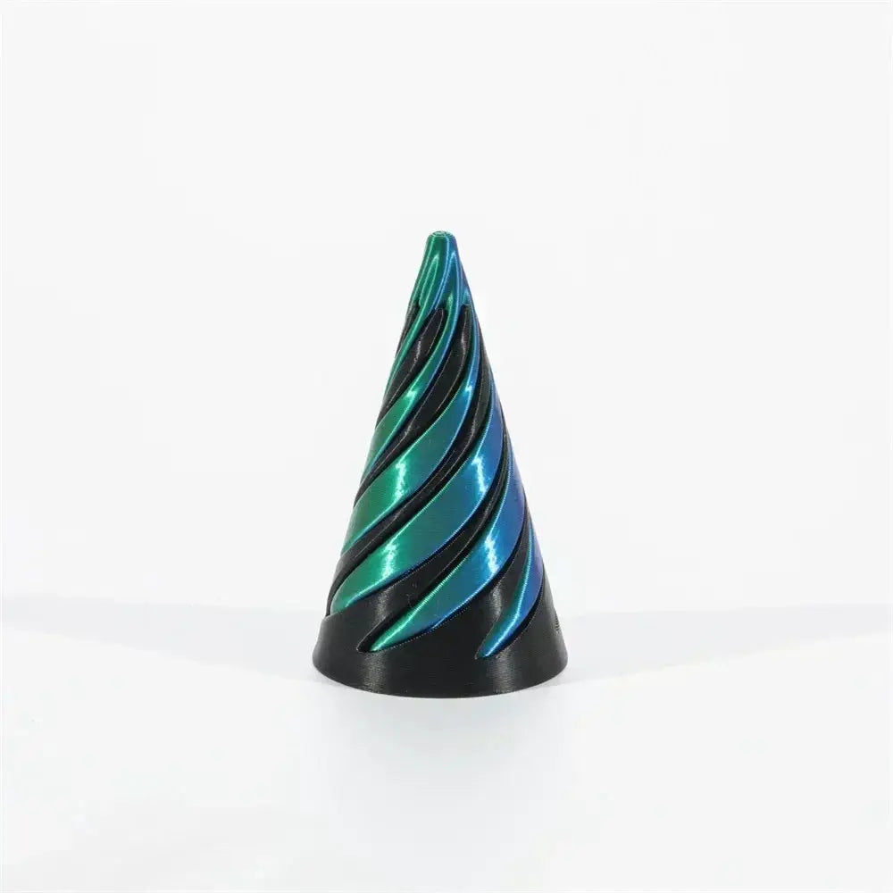 3D printed helix screw rotating toy cone sculpture with teal and blue metallic twist on black base