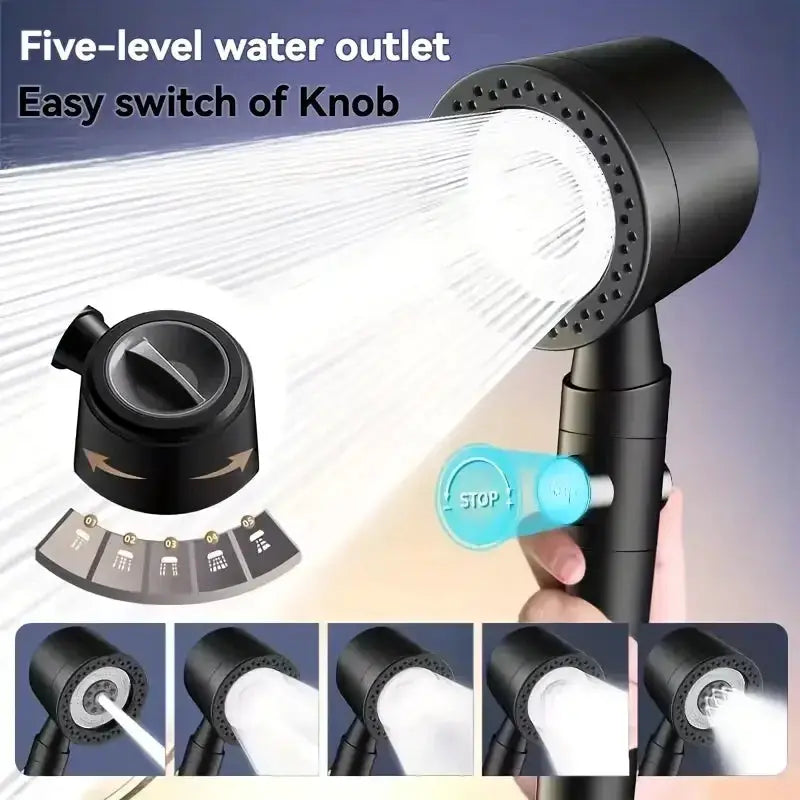 Shower head by Simples Market, black high-pressure water-saving filter, handheld, 5 modes, stop button