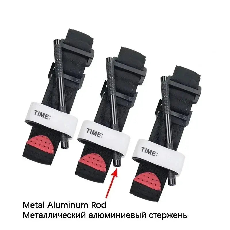 Three black tactical tourniquets with aluminum rods and white TIME straps, red end caps