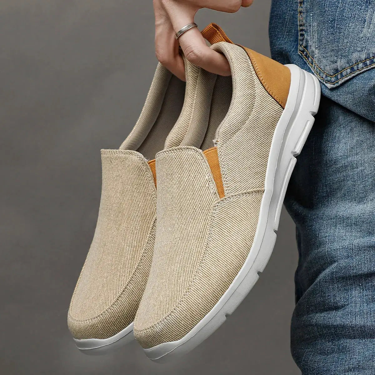 Simples Market men's beige canvas slip-on sneakers with white sole, breathable casual walking shoes