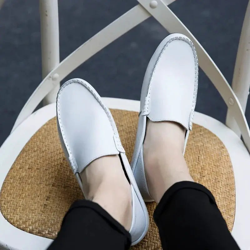 Men's casual genuine leather loafers, light gray slip-on moccasin style shoes
