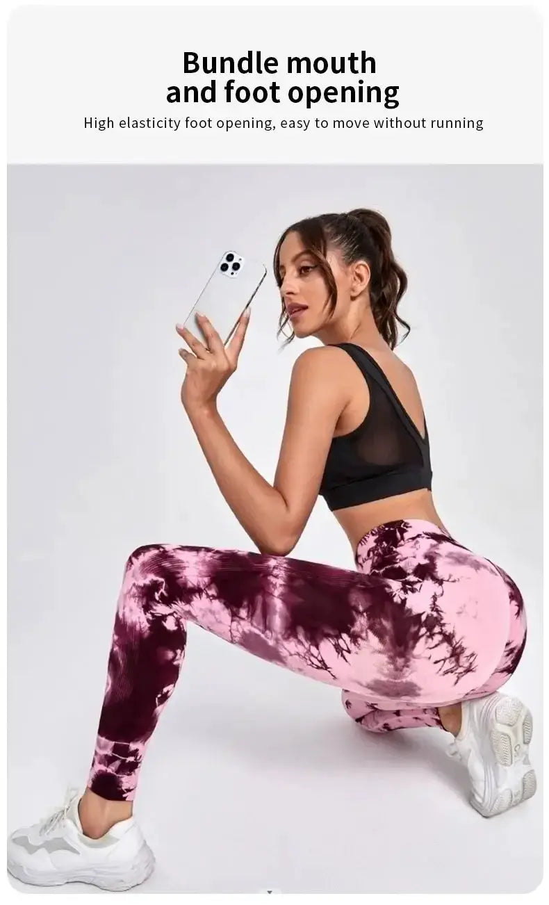 Women's tie-dye nine-tenths leggings, high-waist yoga pants in pink burgundy by Simples Market