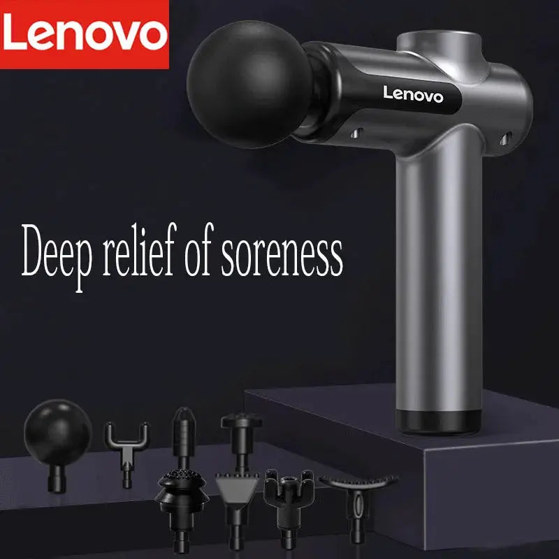 Lenovo fascia gun massager with LED touchscreen, professional-grade, silver body and six head attachments