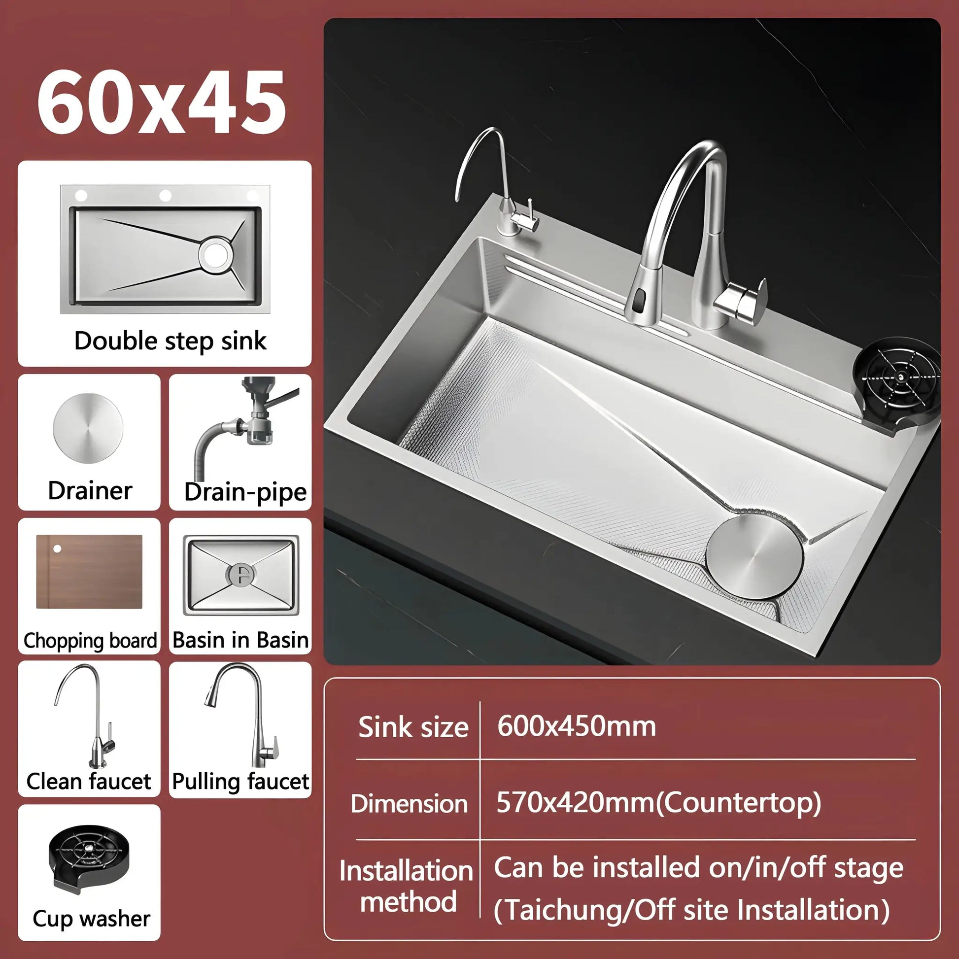 Simples Market 304 stainless steel kitchen sink, silver, large single-slot wash basin with tall pull-down faucet