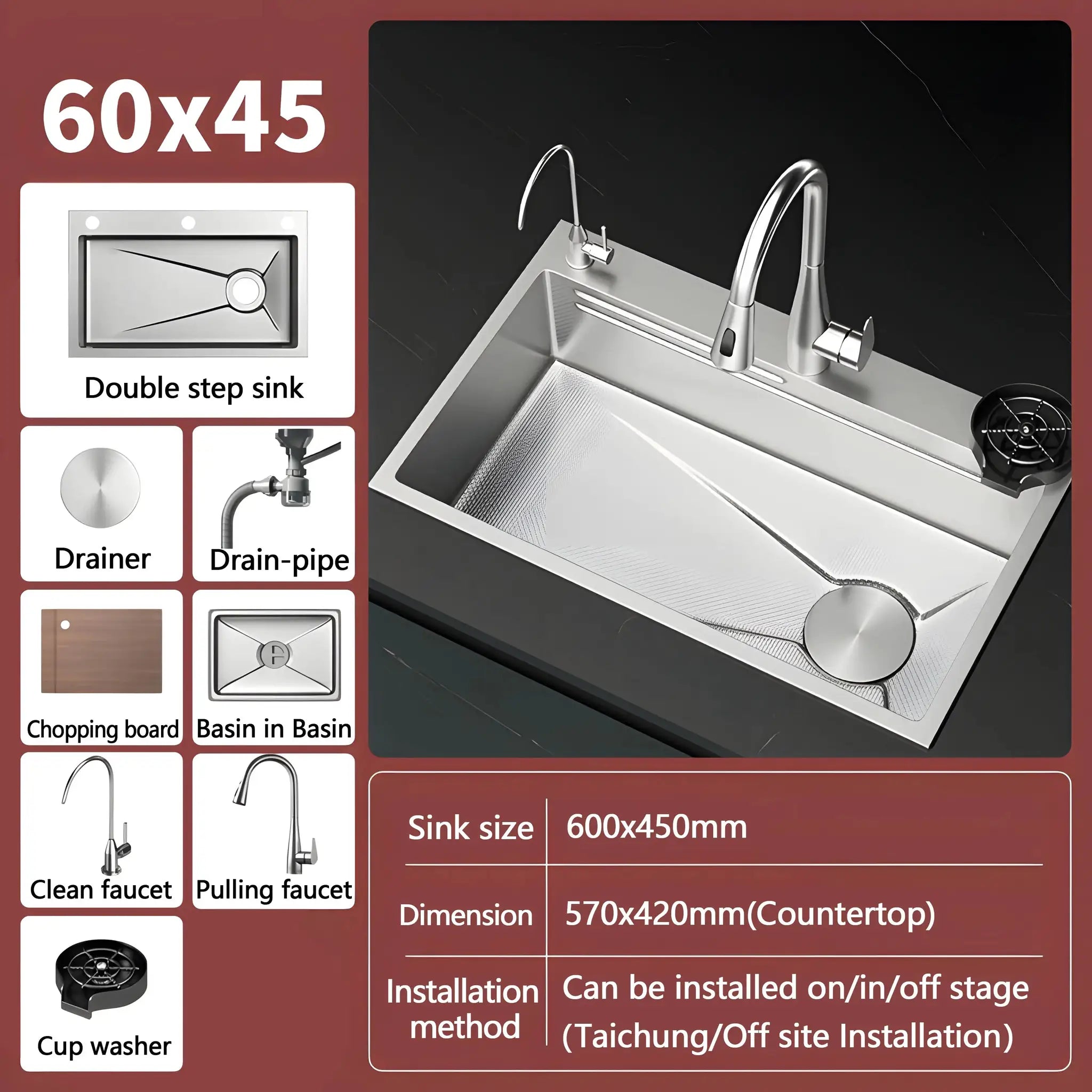 Simples Market 304 stainless steel kitchen sink, silver, large single-slot wash basin with tall pull-down faucet