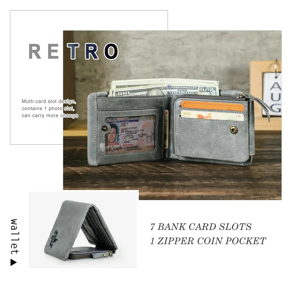 Men's vintage gray Crazy Horse leather trifold wallet with 7 card slots and zip coin pocket