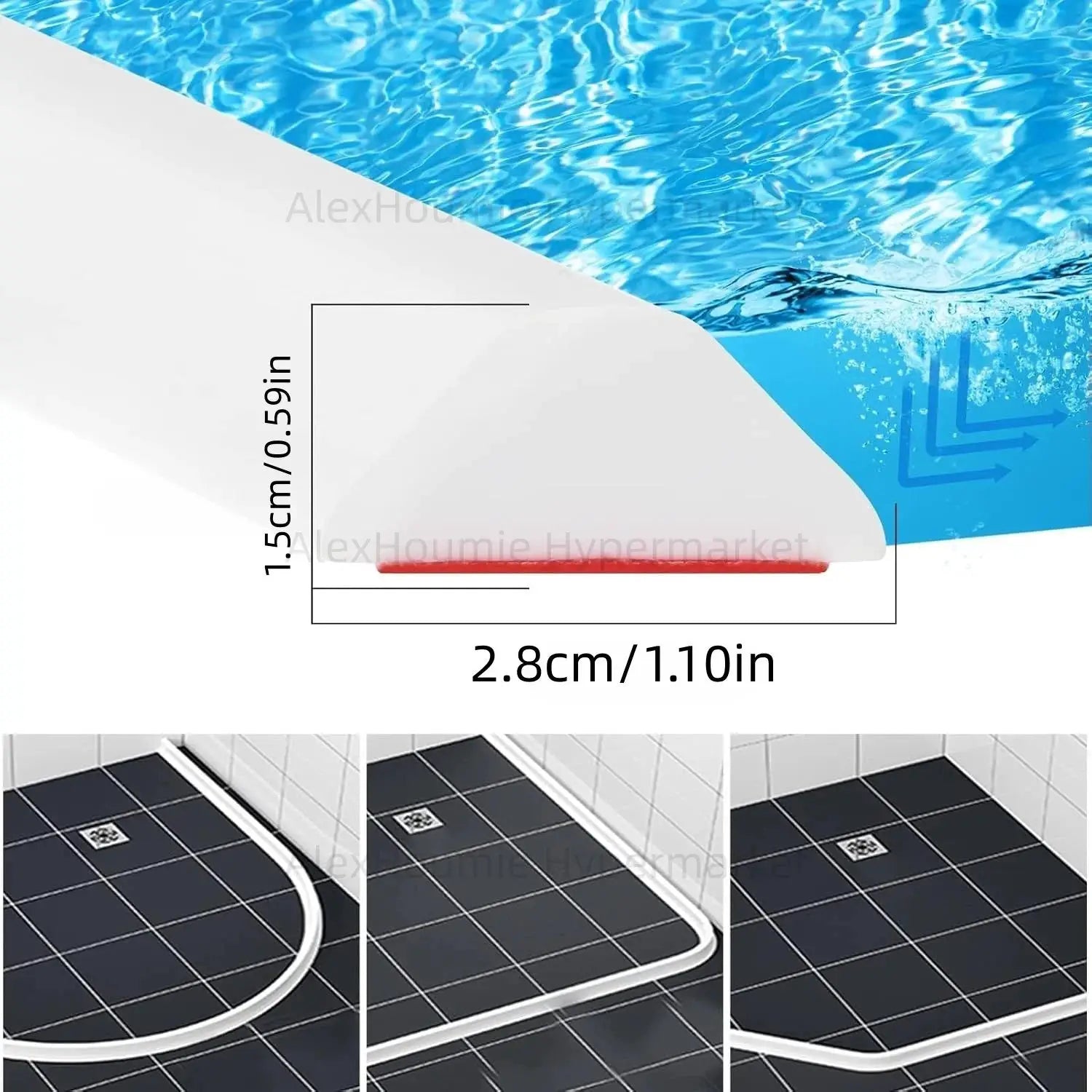 Collapsible shower dam threshold water stopper, white silicone with red edge, keeps water inside