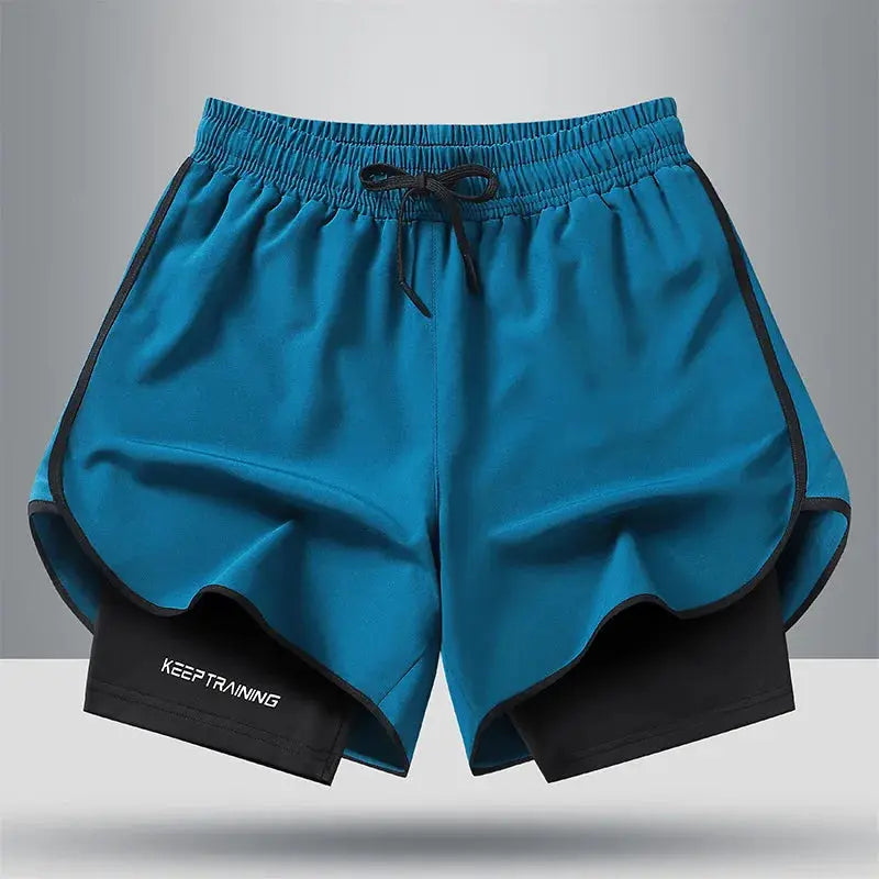 Men's teal quick-dry running shorts with black drawstring and curved hems
