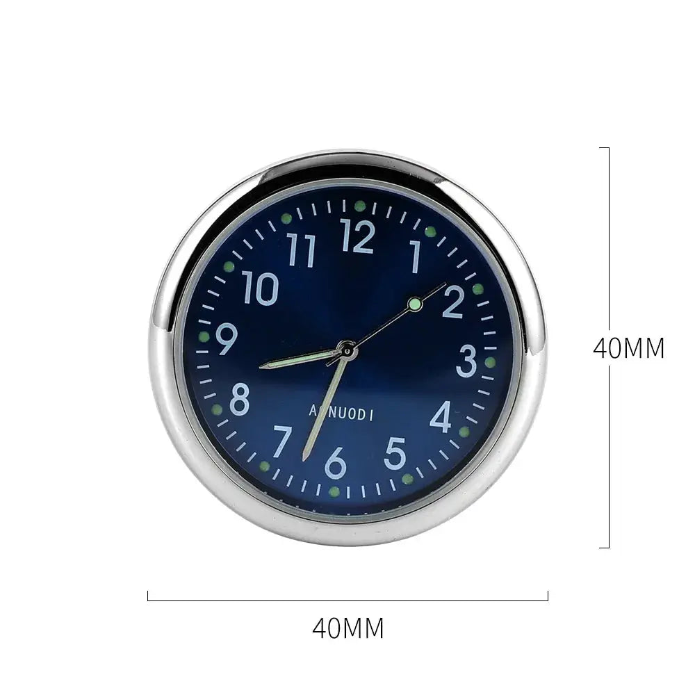 Car clock with luminous markers, blue dial, chrome bezel, 40mm diameter