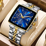 Luxury square-dial men's quartz wristwatch by Simples Market, blue dial, two-tone stainless steel bracelet, calendar