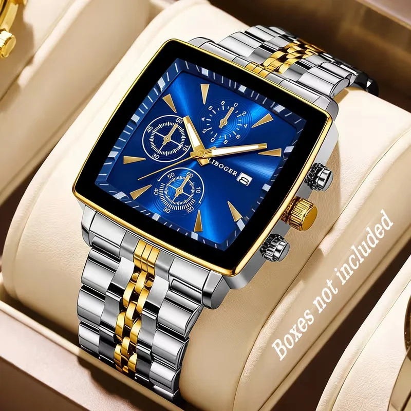 Luxury square-dial men's quartz wristwatch by Simples Market, blue dial, two-tone stainless steel bracelet, calendar