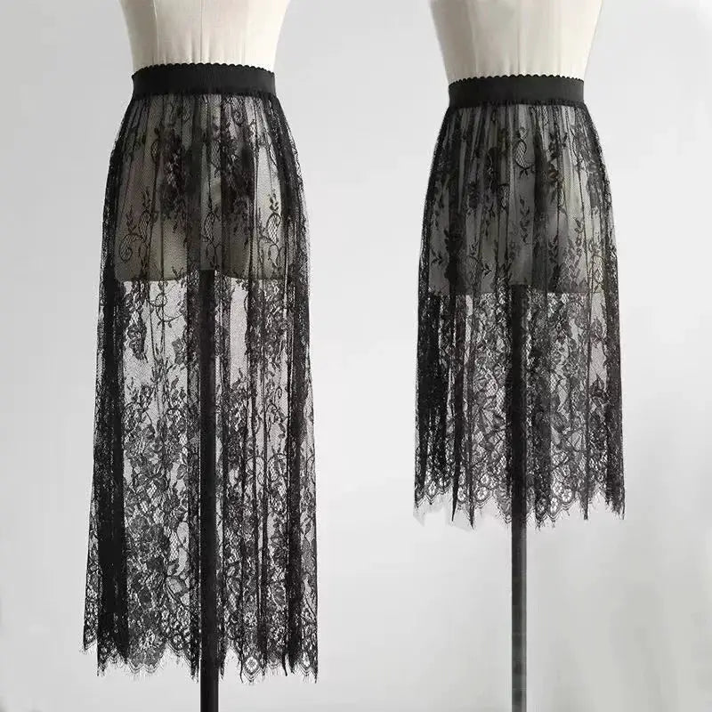 Two black lace half slips with high-waist elastic waistband and sheer scalloped hems