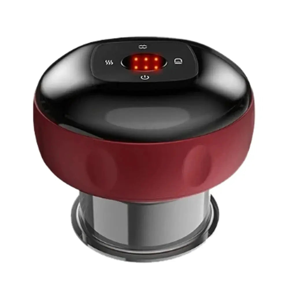Intelligent vacuum cupping massager in red and black with chrome base, heating, for back, neck and arms