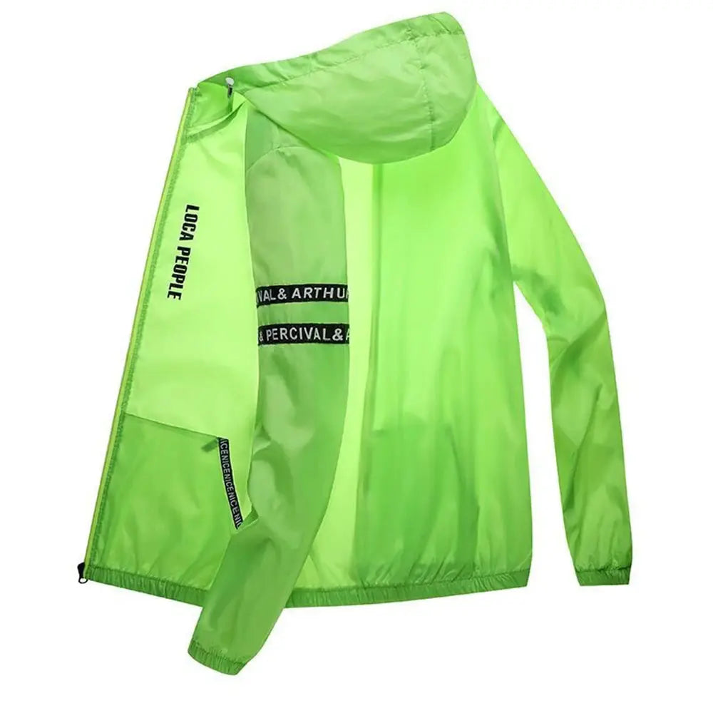 Sun protection men's cycling jacket neon green anti-UV with hood, long sleeves and zip front