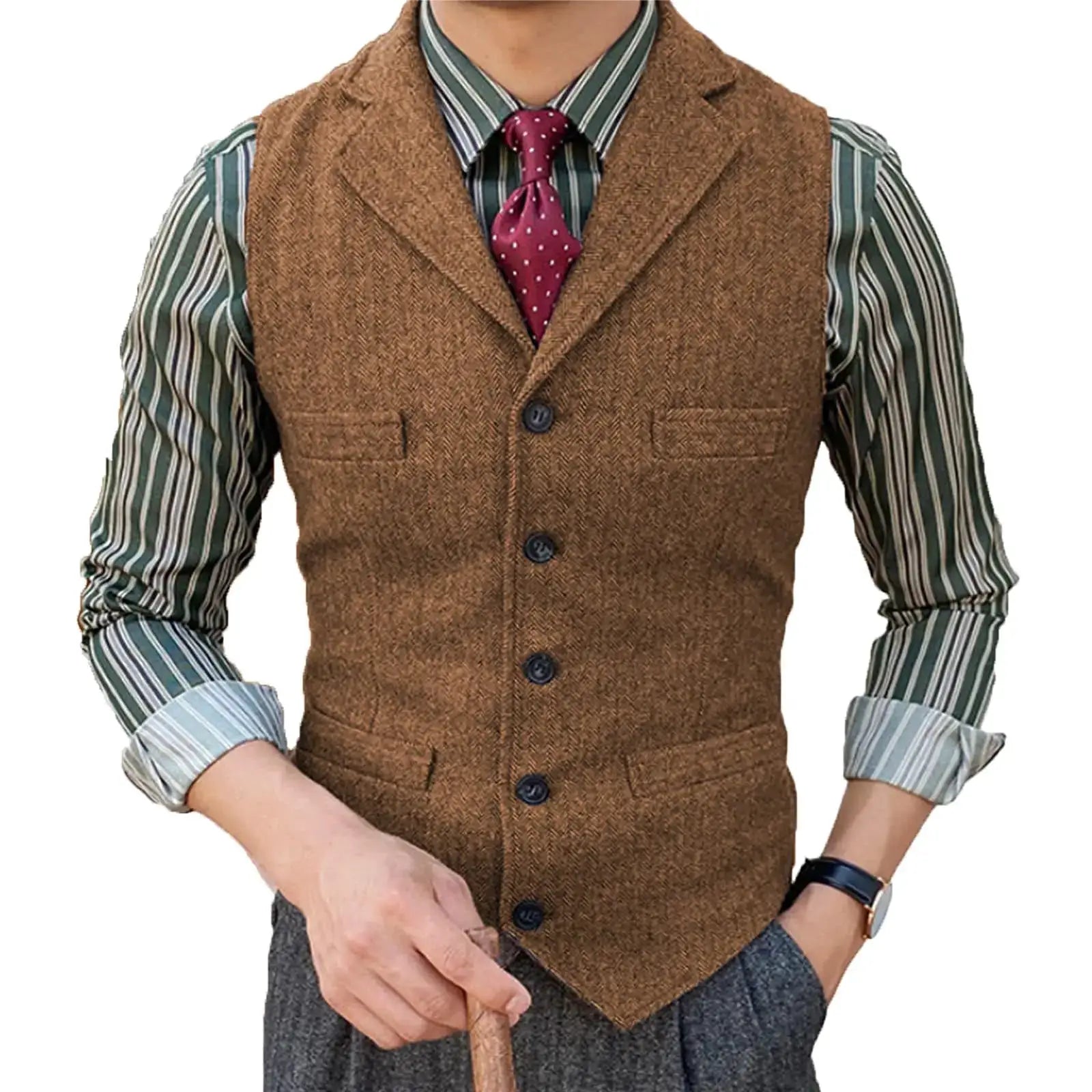 Men's brown wool herringbone waistcoat with lapel and button-front closure.