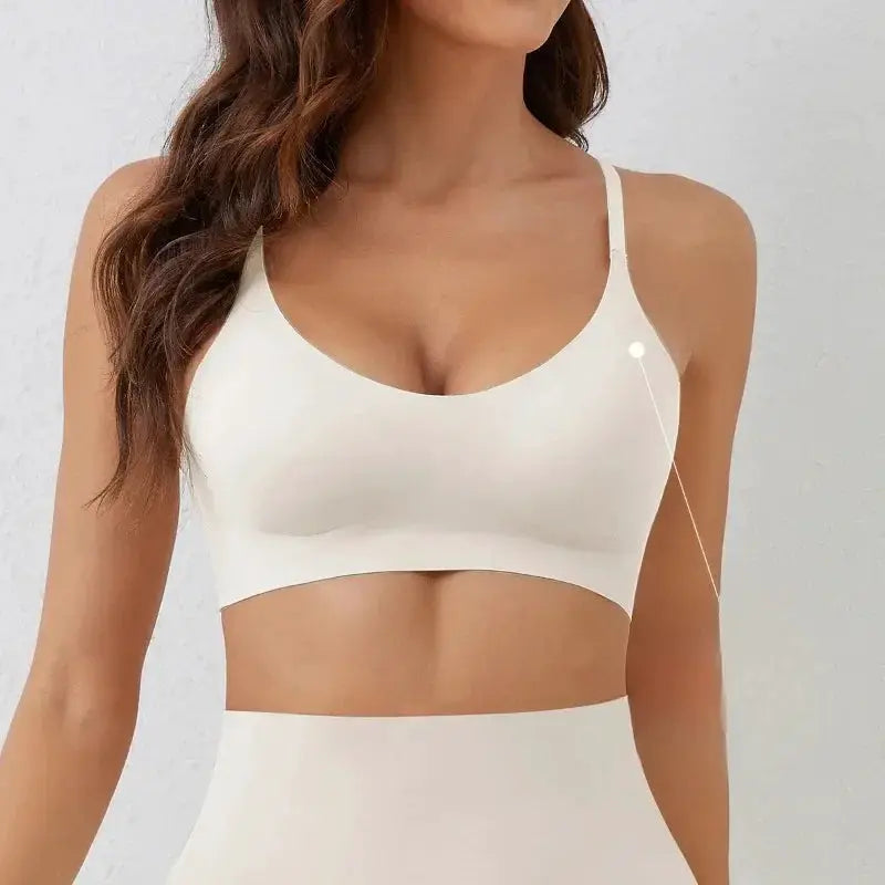 Seamless wireless white bra with soft support, breathable lightweight fabric, bralette-style