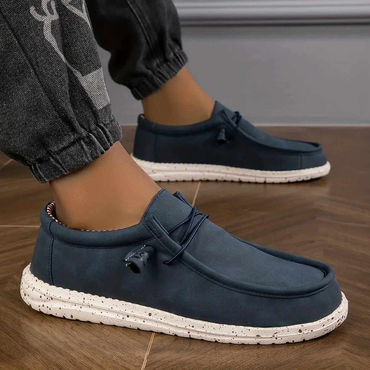 Men's navy blue loafers by Simples Market, slip-on casual shoes with speckled white sole