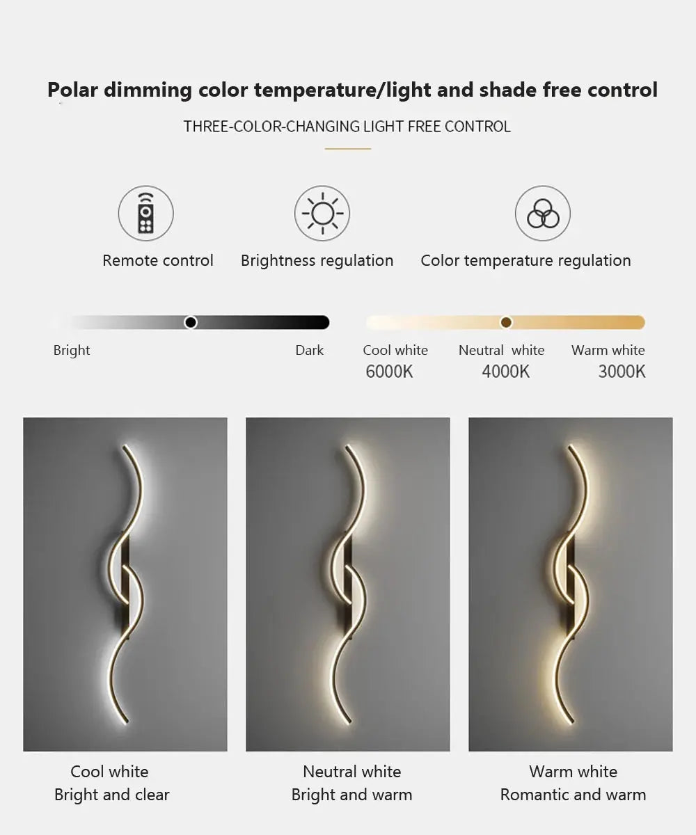 Modern LED wall lamp by Simples Market; minimalist curved strip with cool, neutral, and warm white light.