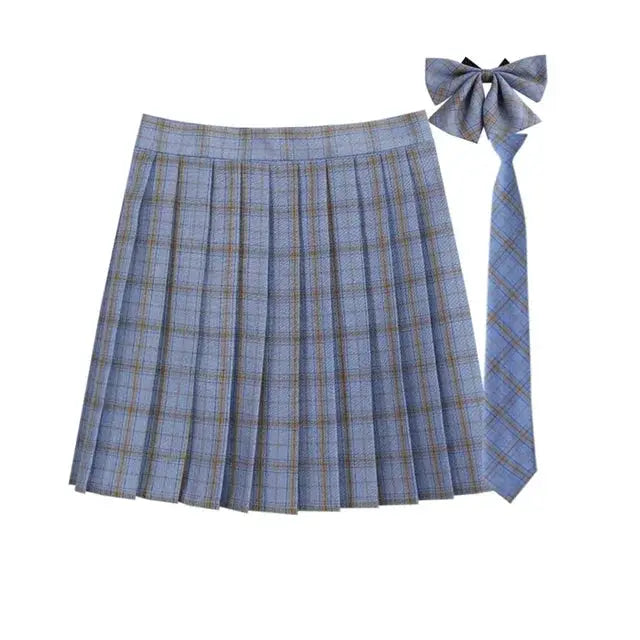 Women blue plaid pleated skirt with matching necktie bow, Korean JK-style school uniform, A-line mini
