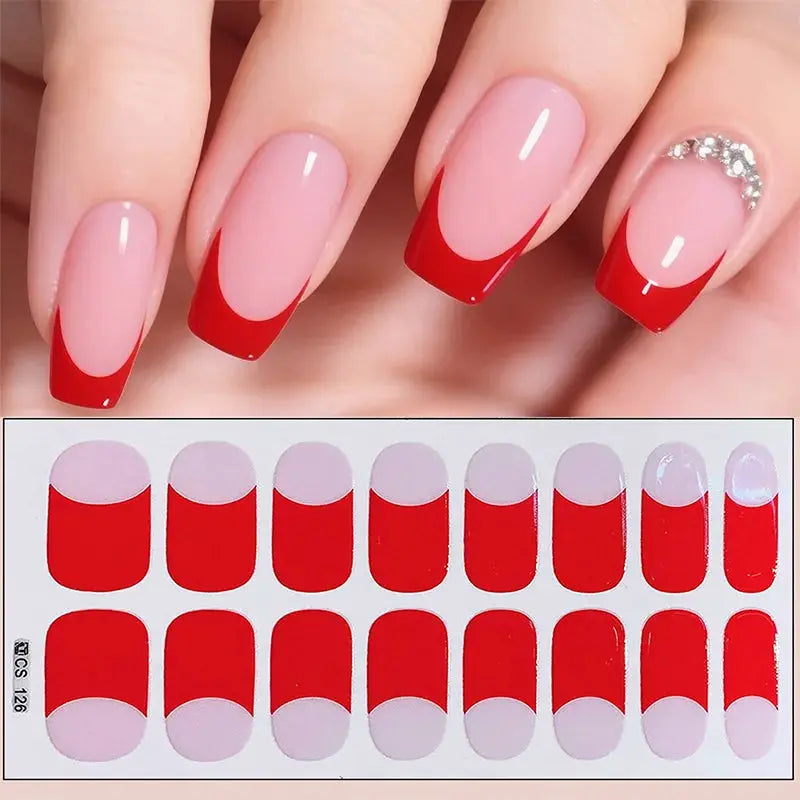 Simples Market full-cover nail stickers; pink base with red curved French tips, 20-piece self-adhesive decal sheet