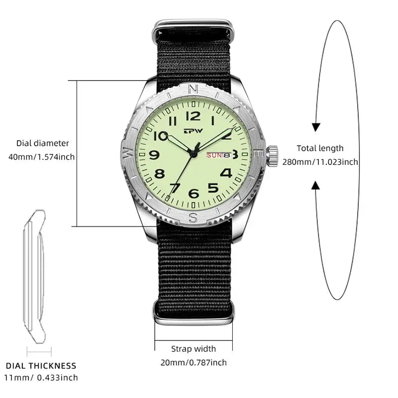 Simples Market TPW 2026 40mm field watch with black fabric strap, lime dial, luminous bezel, day/date at 3, quartz