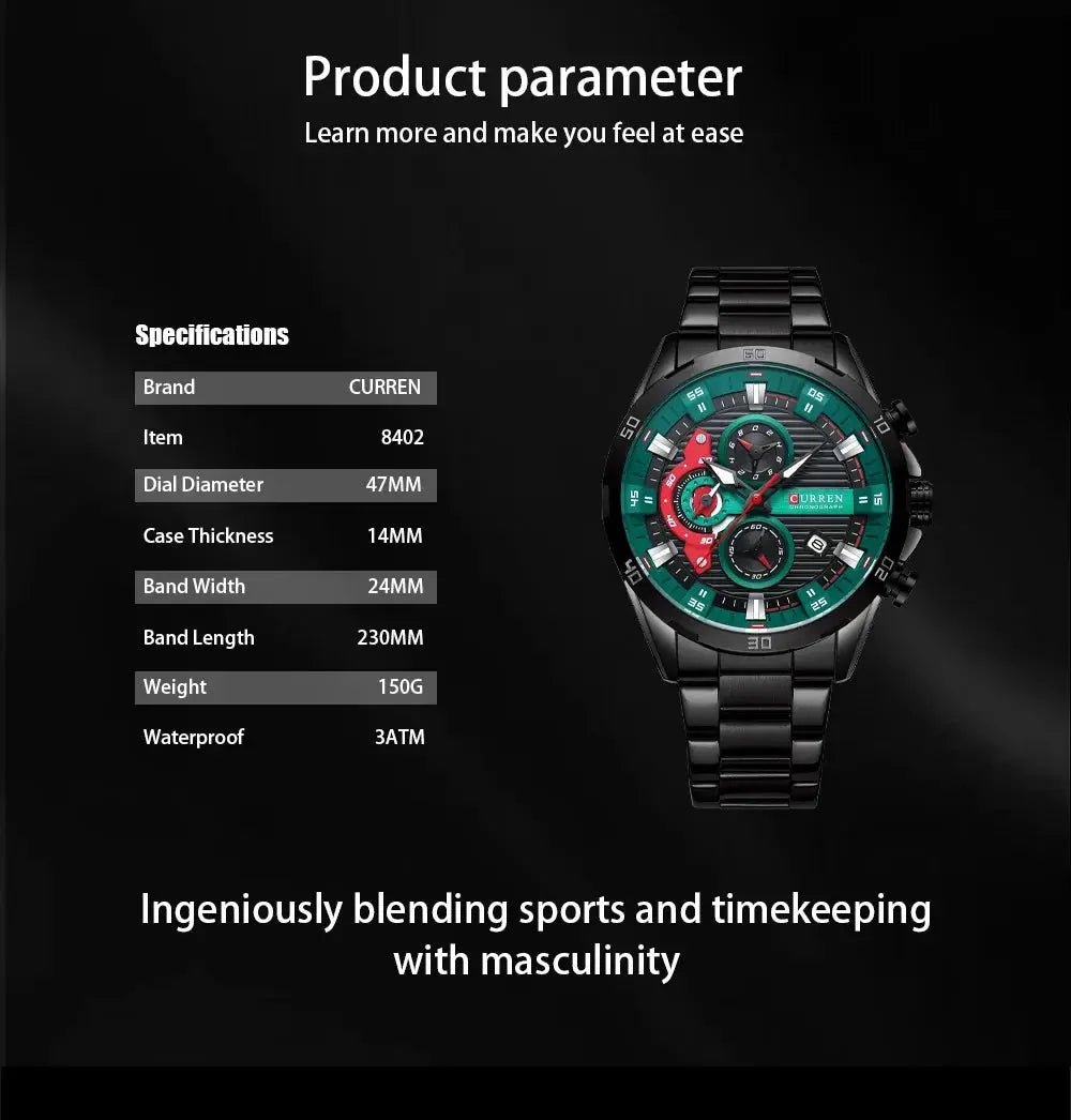 Curren 8402 men's black stainless steel chronograph watch with luminous dial and green bezel