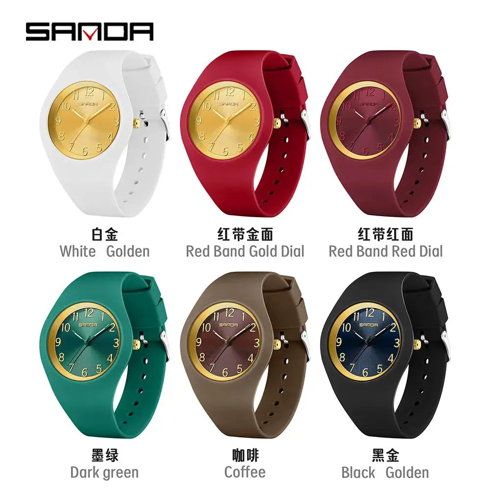 SANDA 6186 silicone strap watches in six colors: White-Gold;Red-Band-Gold;Red-Band-Red;Dark-Green;Coffee;Black-Golden.