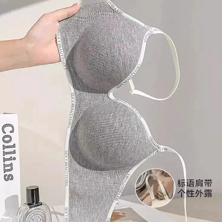 Simples Market grey wireless 6cm thickened push-up bra with adjustable straps, seamless design