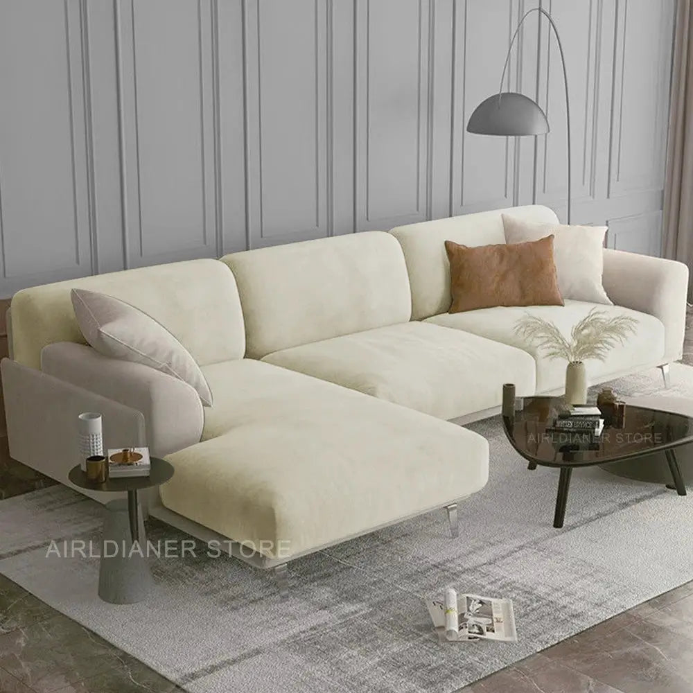 Luxury soft velvet sofa cover on ivory cream L-shaped sectional, Simples Market.