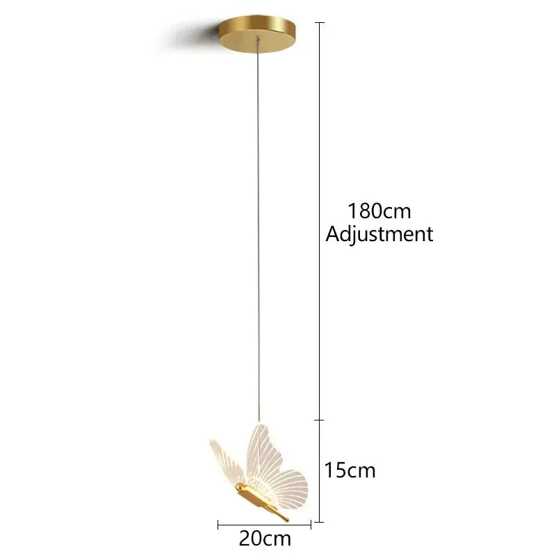 LED modern butterfly pendant light with gold canopy and white wings, 20cm wide, adjustable cord up to 180cm